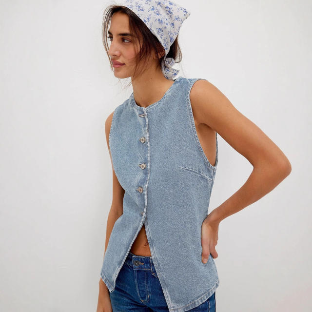 Fashion Leisure Slim Fit Button Women's Denim Sleeveless Vest