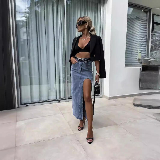 Retro Women's High-Waisted Asymmetrical Slit Denim Half-Length Skirt