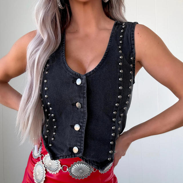 Summer personality hot girl ladies sleeveless rivet v collar Denim vest