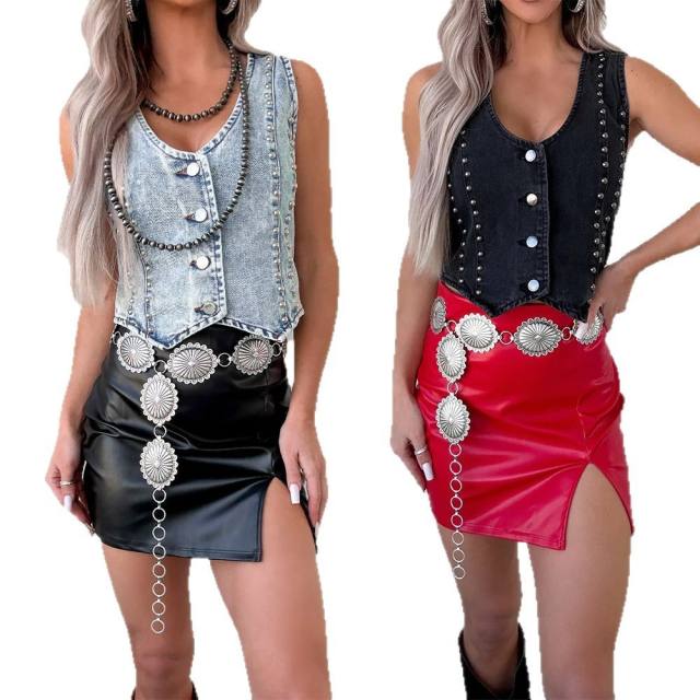 Summer personality hot girl ladies sleeveless rivet v collar Denim vest