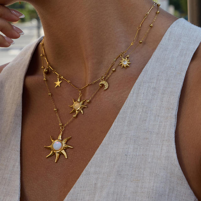 Holiday opal stone statement sun design stainless steel necklace earrings suit