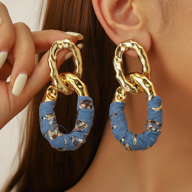 Exaggerated Pleated Oval Faux Leather Wrapped Silver Needle Earrings