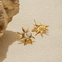 Unique creative two tone moonstone sun stainless steel earrings