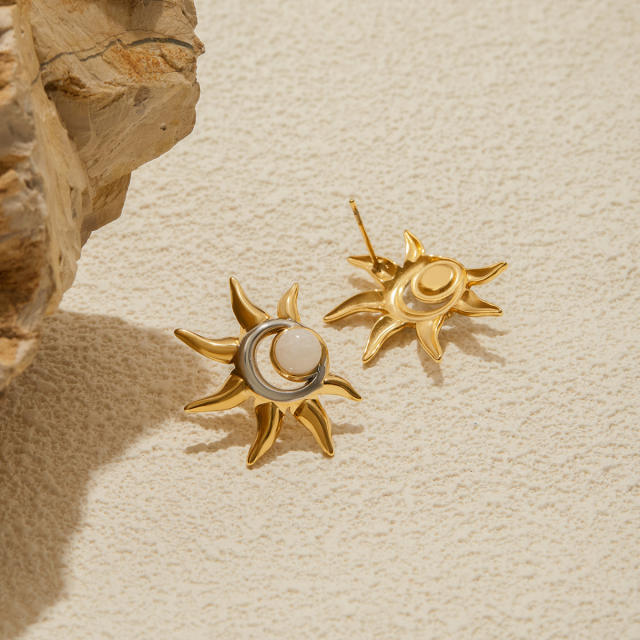 Unique creative two tone moonstone sun stainless steel earrings