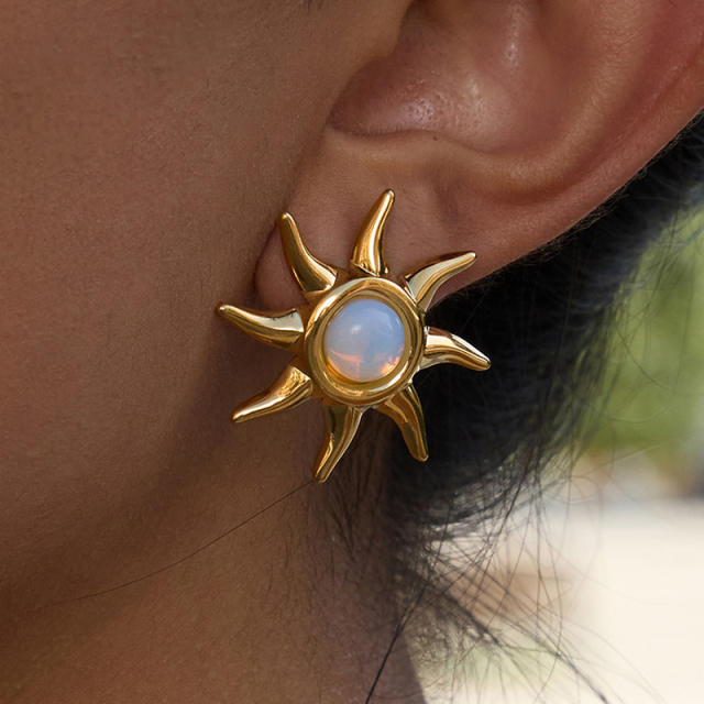 Holiday opal stone statement sun design stainless steel necklace earrings suit