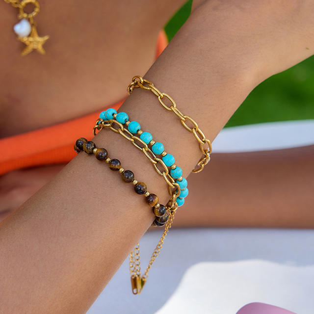 Vintage turquoise stone tiger eye stone bead stainless steel chain bracelet set