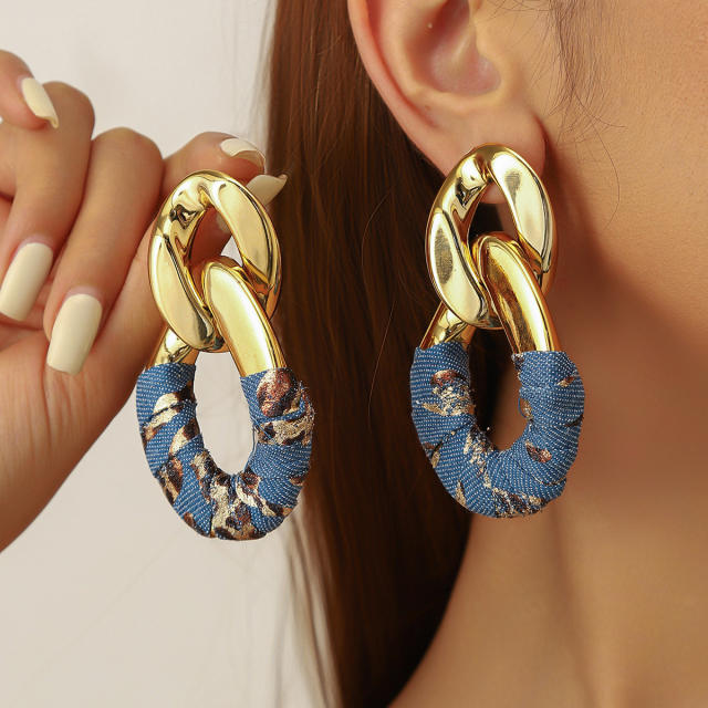 Exaggerated Pleated Oval Faux Leather Wrapped Silver Needle Earrings