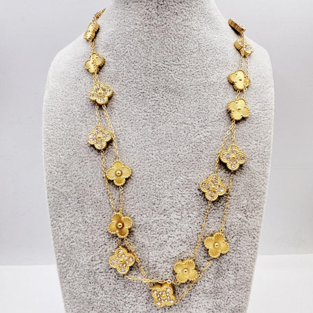 13MM stainless steel 90CM 20 flower double-sided diamond shell lucky four-leaf clover necklace