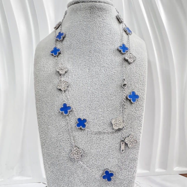 13MM stainless steel 90CM 20 flower double-sided diamond shell lucky four-leaf clover necklace