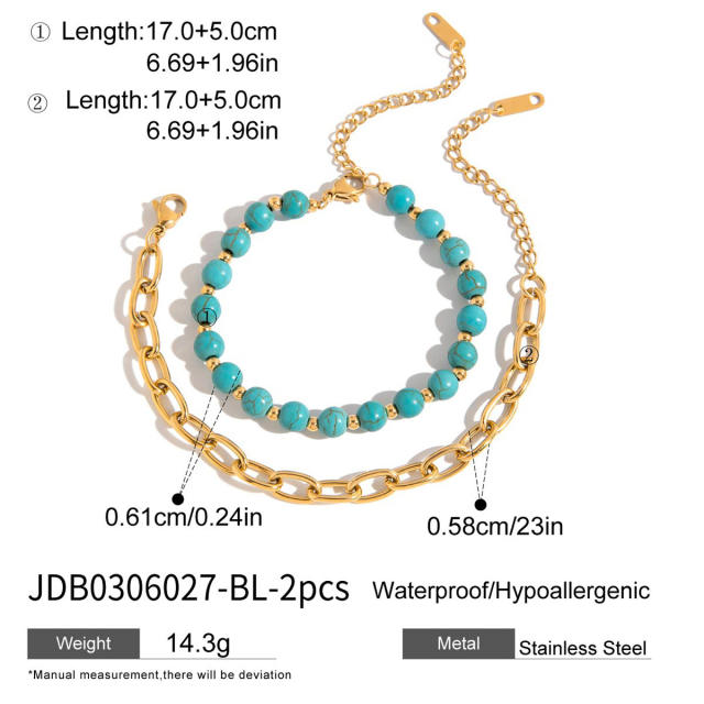 Vintage turquoise stone tiger eye stone bead stainless steel chain bracelet set
