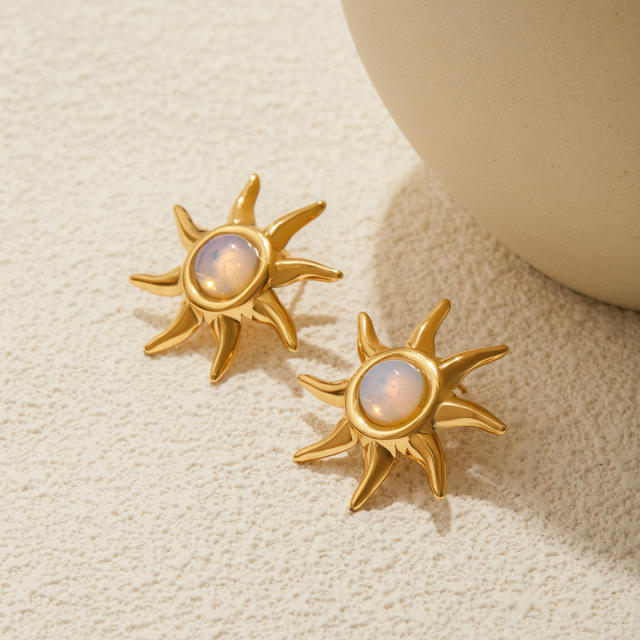 Holiday opal stone statement sun design stainless steel necklace earrings suit