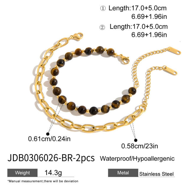 Vintage turquoise stone tiger eye stone bead stainless steel chain bracelet set