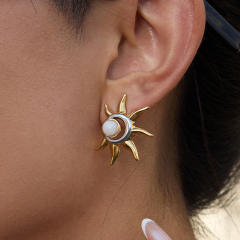Unique creative two tone moonstone sun stainless steel earrings