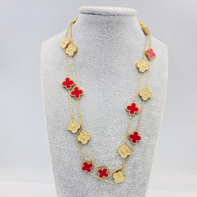 13MM stainless steel 90CM 20 flower double-sided diamond shell lucky four-leaf clover necklace