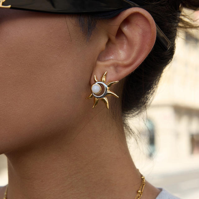 Unique creative two tone moonstone sun stainless steel earrings