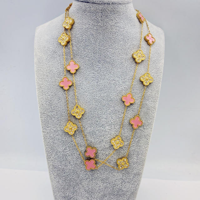 13MM stainless steel 90CM 20 flower double-sided diamond shell lucky four-leaf clover necklace