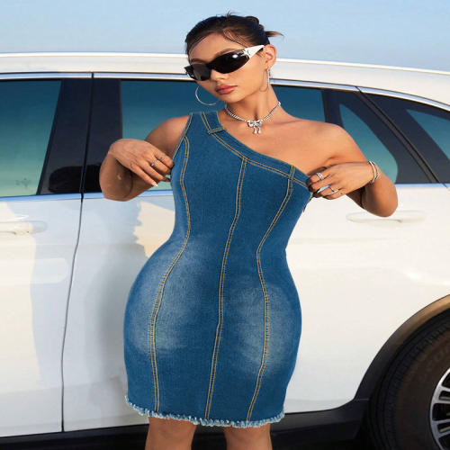 Plus size women's Denim collarless sleeveless shoulder tassel dress