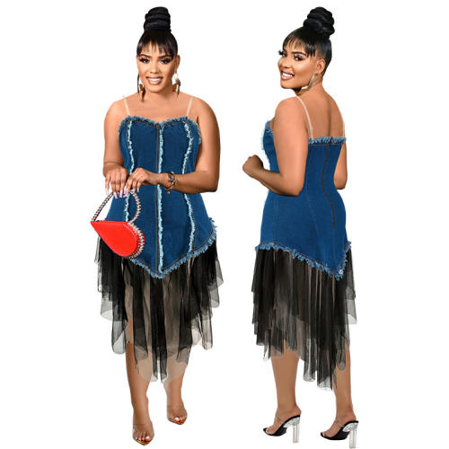 Plus size women's new Denim sling stitching mesh long dress