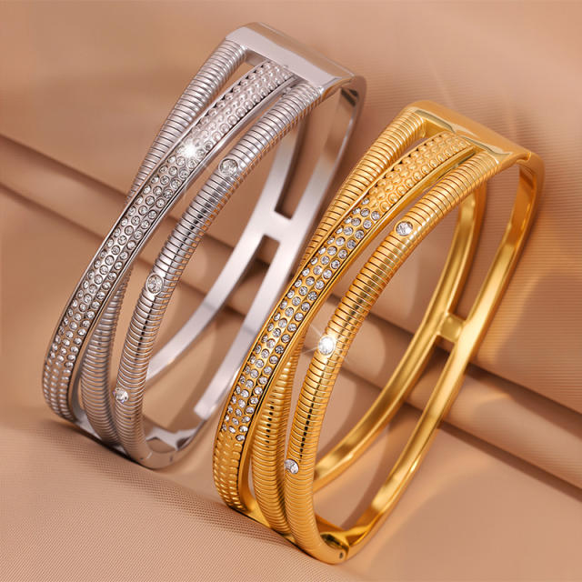 18KG unique cross shape rhinestone stainless steel bangle bracelet