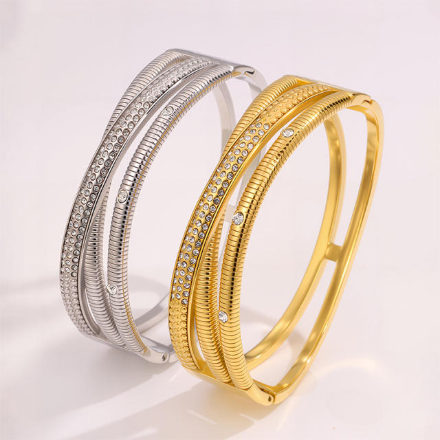 18KG unique cross shape rhinestone stainless steel bangle bracelet