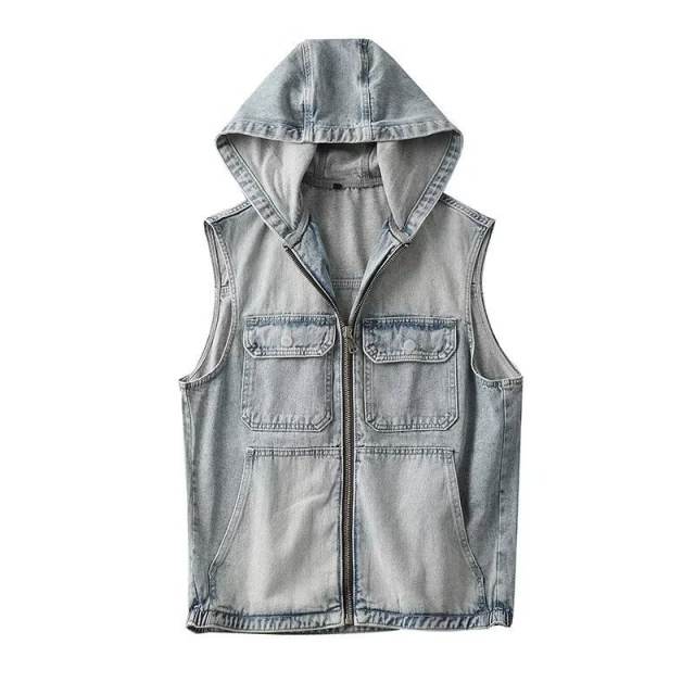 New Men's Casual Denim Jacket Vest Hooded Jacket