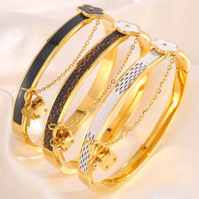 18KG classic mother shell flower padlock charm stainless steel bangle bracelet
