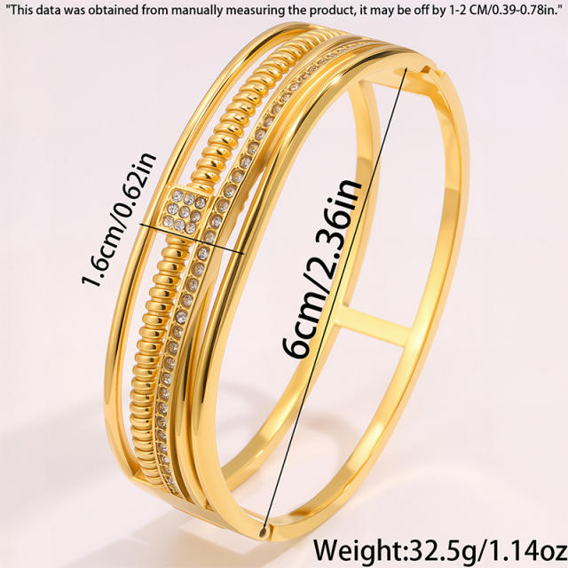 18KG elegant three layer rhinestone setting stainless steel bangle bracelet