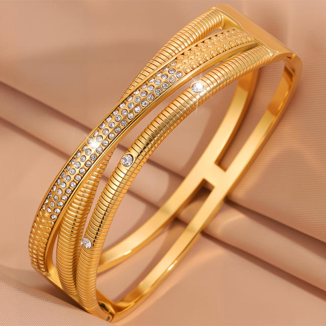 18KG unique cross shape rhinestone stainless steel bangle bracelet