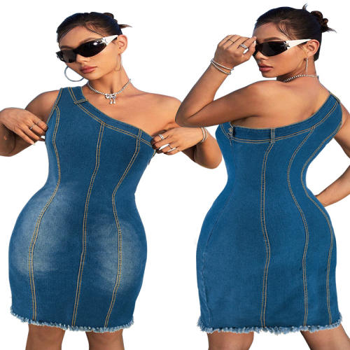 Plus size women's Denim collarless sleeveless shoulder tassel dress