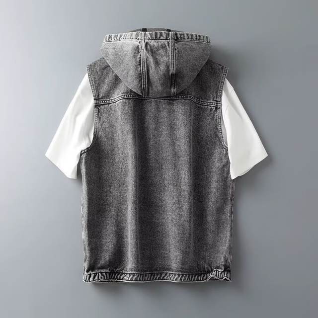 New Men's Casual Denim Jacket Vest Hooded Jacket