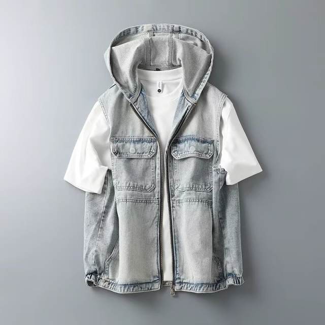 New Men's Casual Denim Jacket Vest Hooded Jacket