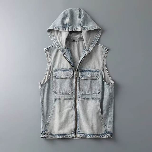 New Men's Casual Denim Jacket Vest Hooded Jacket