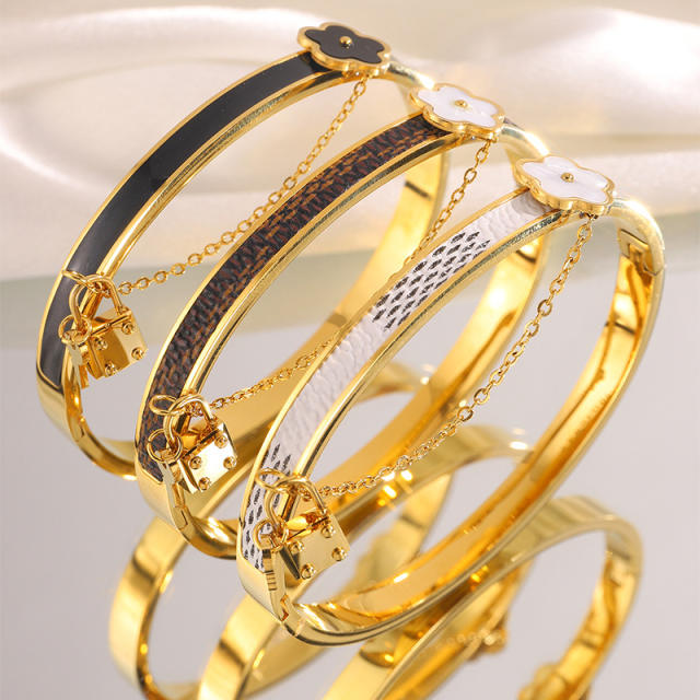 18KG classic mother shell flower padlock charm stainless steel bangle bracelet