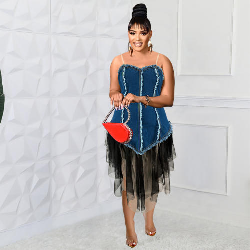 Plus size women's new Denim sling stitching mesh long dress