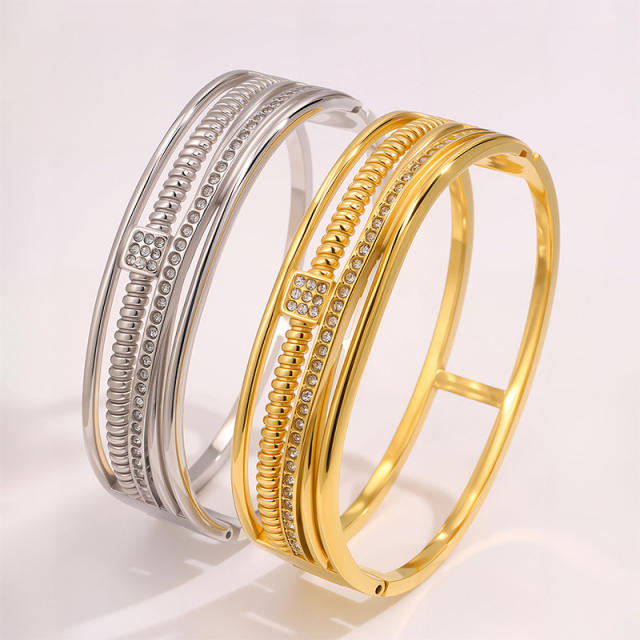 18KG elegant three layer rhinestone setting stainless steel bangle bracelet