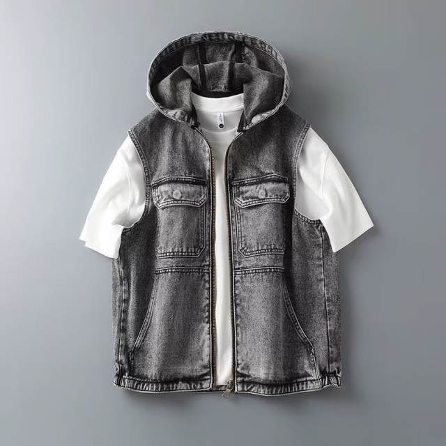 New Men's Casual Denim Jacket Vest Hooded Jacket