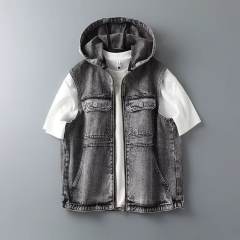 New Men's Casual Denim Jacket Vest Hooded Jacket