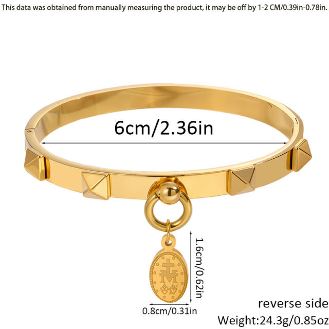 18KG punk trend rivet heart charm stainless steel bangle bracelet