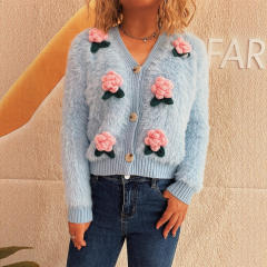 New Splicing Stereo Flower Knitted Sweater Fashionable Short Sweet Women's Cardigan