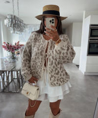 New Round Neck Lace-up Knitted Cardigan Jacket Retro Leopard Street Top Sweater for Women