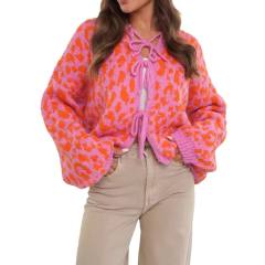 New Round Neck Lace-up Knitted Cardigan Jacket Retro Leopard Street Top Sweater for Women