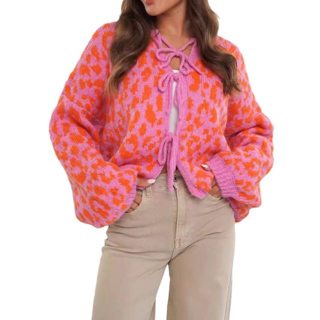 New Round Neck Lace-up Knitted Cardigan Jacket Retro Leopard Street Top Sweater for Women