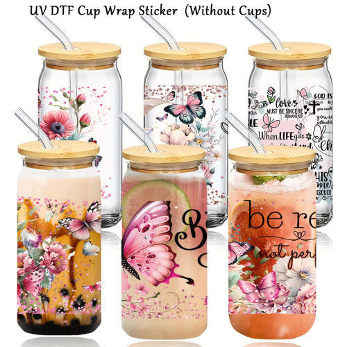 Butterfly Flower UV Transfer Sticker Crystal Label Crystal Sticker dtf Sticker 16oz Transparent Glass Cup Sticker