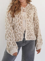 New Round Neck Lace-up Knitted Cardigan Jacket Retro Leopard Street Top Sweater for Women