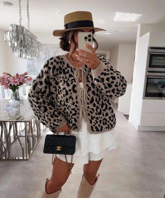 New Round Neck Lace-up Knitted Cardigan Jacket Retro Leopard Street Top Sweater for Women