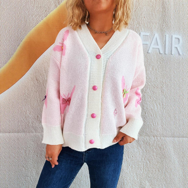 Autumn Winter New Style Spliced ​​Bow Casual Fashion Knitted Tops Chic Sweet Women's Cardigans