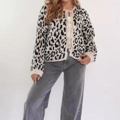 New Round Neck Lace-up Knitted Cardigan Jacket Retro Leopard Street Top Sweater for Women