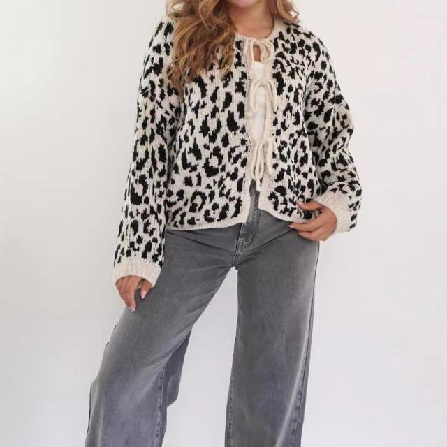 New Round Neck Lace-up Knitted Cardigan Jacket Retro Leopard Street Top Sweater for Women