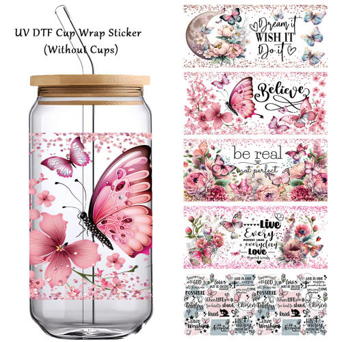 Butterfly Flower UV Transfer Sticker Crystal Label Crystal Sticker dtf Sticker 16oz Transparent Glass Cup Sticker