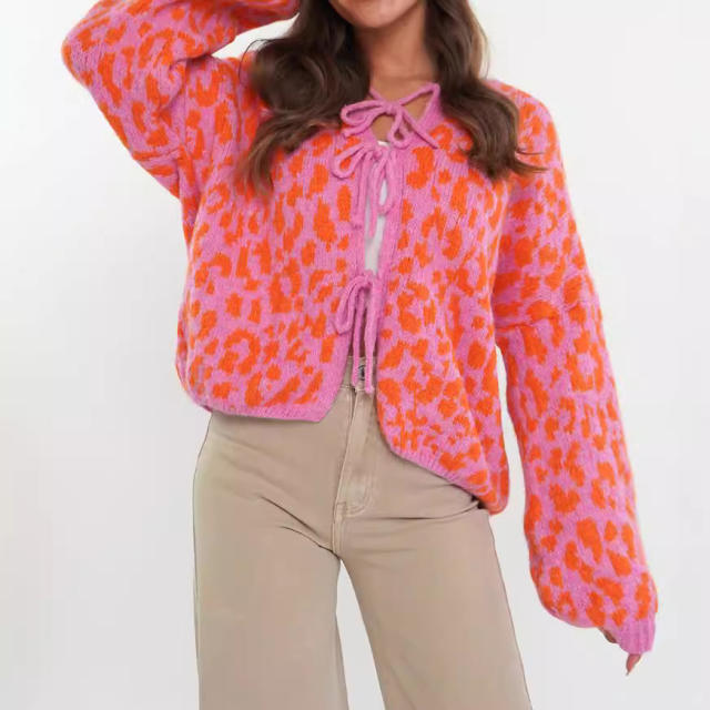 New Round Neck Lace-up Knitted Cardigan Jacket Retro Leopard Street Top Sweater for Women